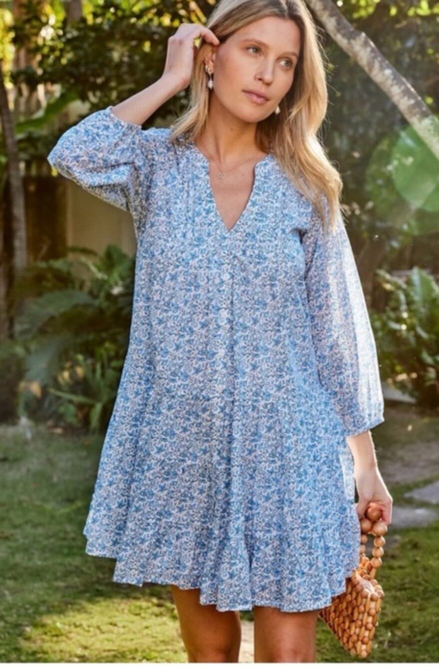 LAKE Floral Blue 100% Cotton Eloise Tiered Button Dress Size MEDIUM
